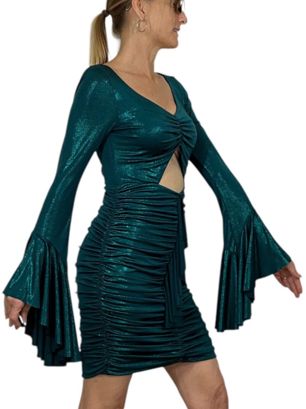 PatBo Jersey Foil Dress 8 Emerald Metallic Dark Green Mini Bodycon NEW - Picture 5 of 16